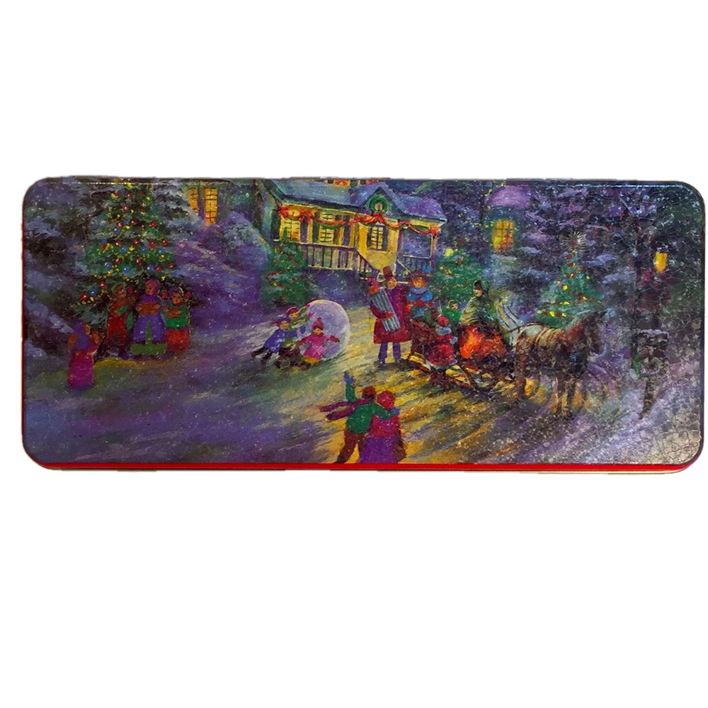 Christmas Tin Box 9 1/2”X 4 2/16 X 1 3/8” Used Good Condition reds, lavenders,